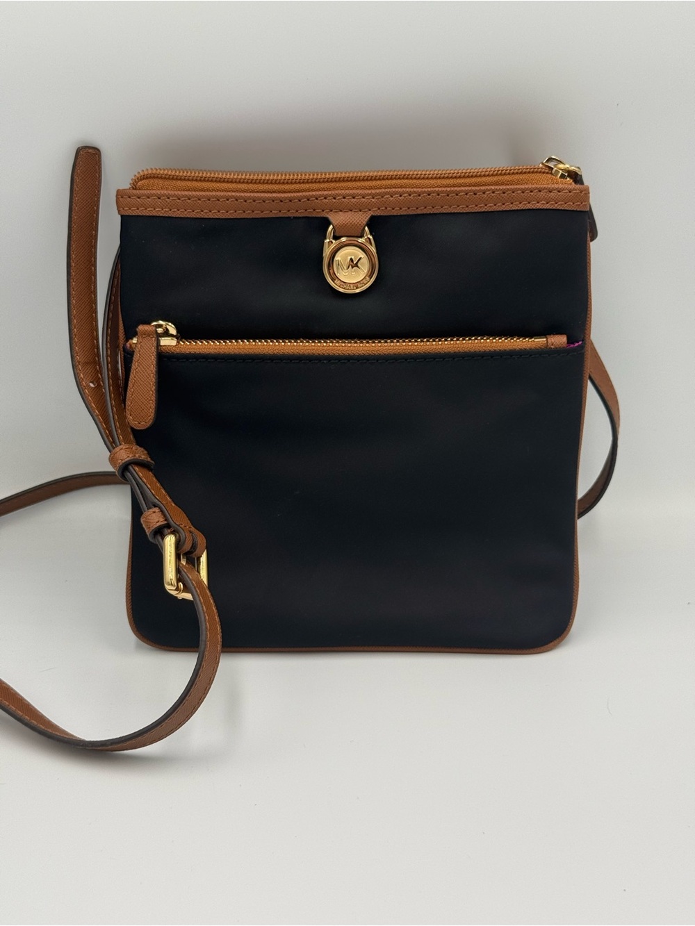 Michael Kors Black and Brown Crossbody Bag with Gold Accents